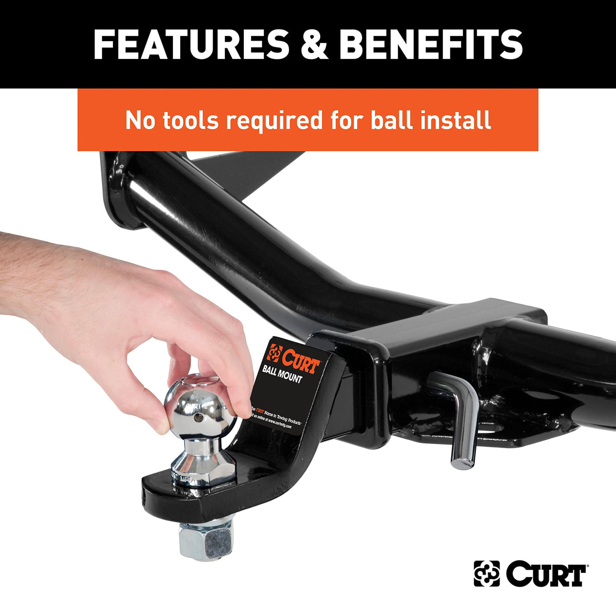 CURT 2-5/16-inch ball close-up highlighting high-capacity towing benefit