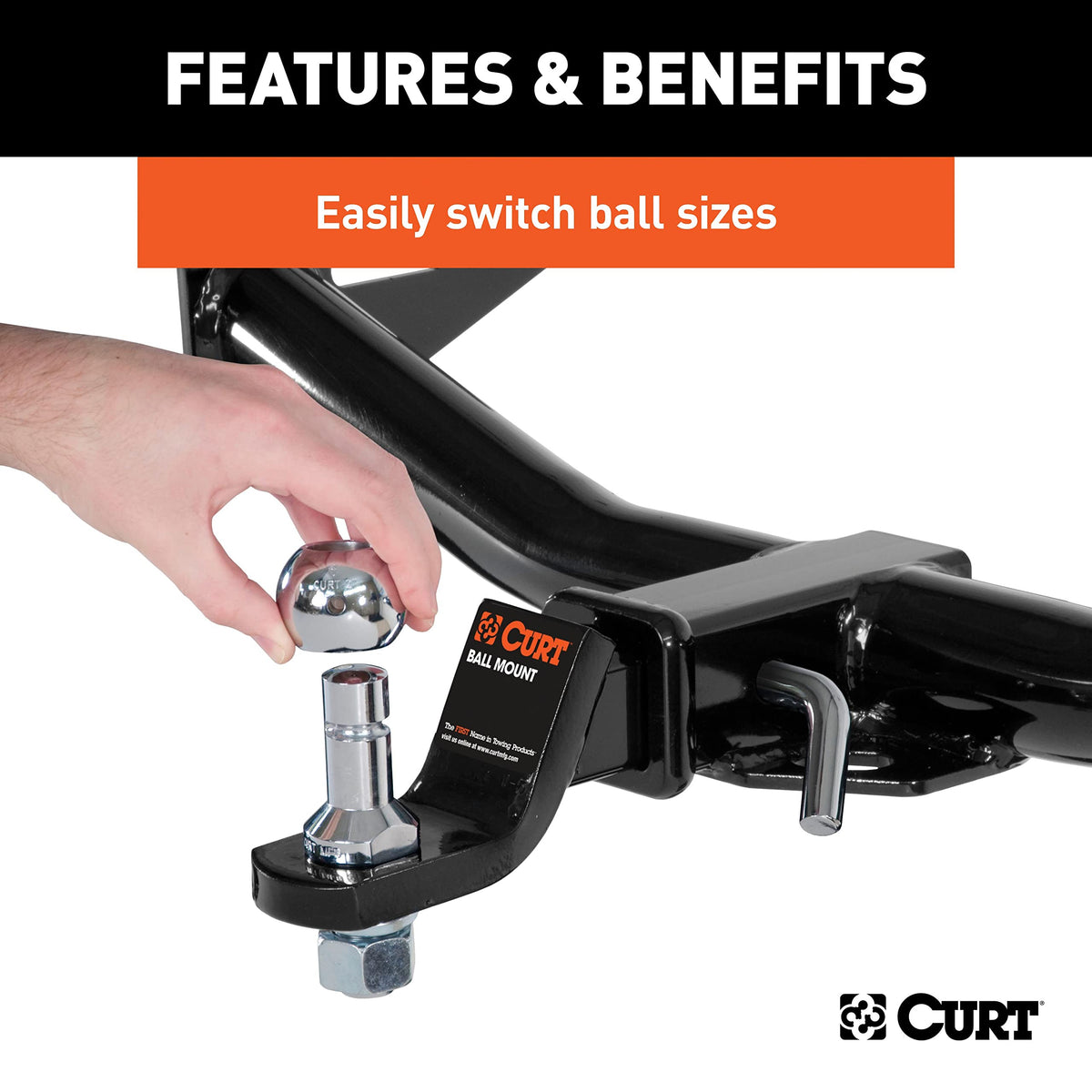 CURT 2-inch ball close-up highlighting medium-duty towing benefit