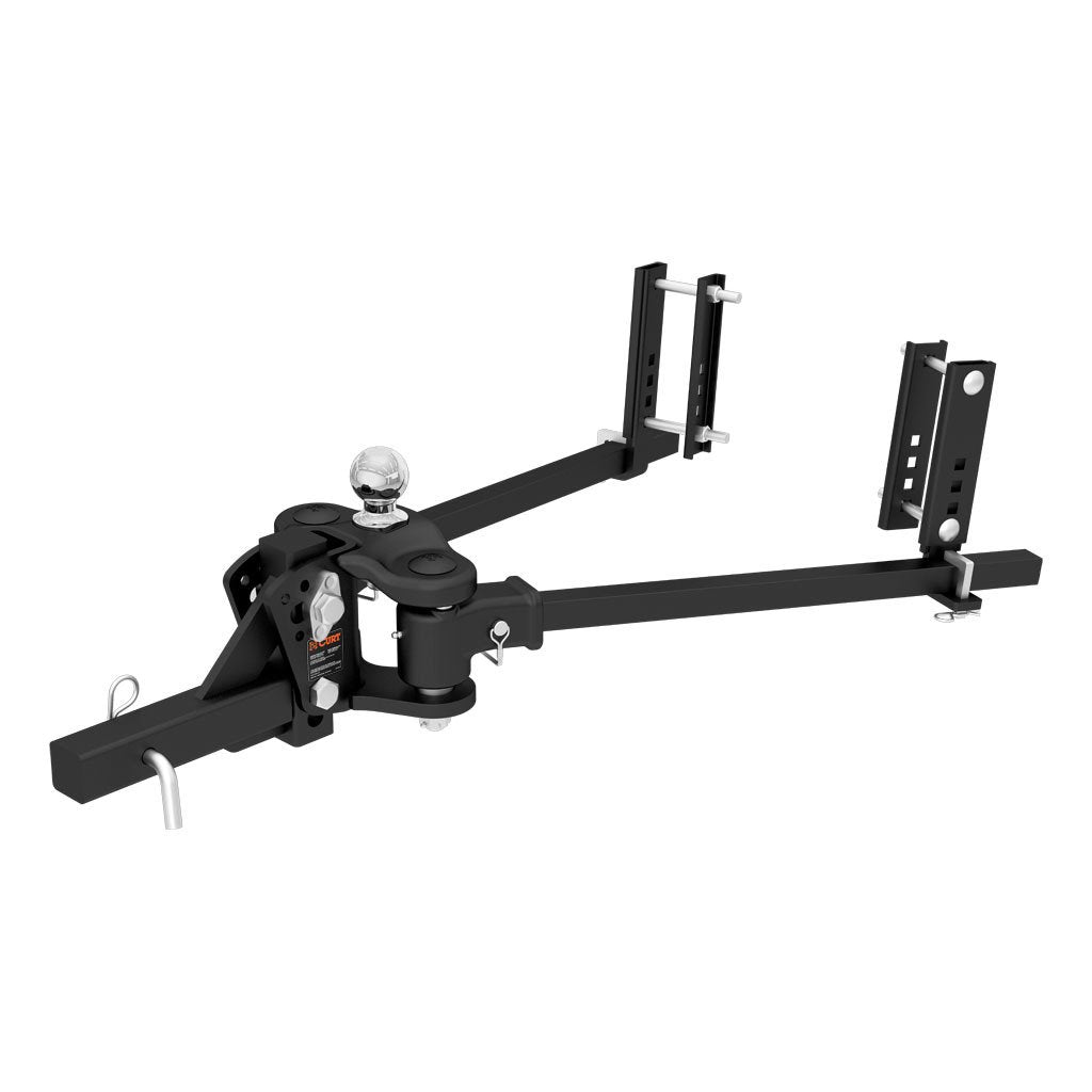 CURT TruTrack front view showing hitch head and benefits of integrated sway control