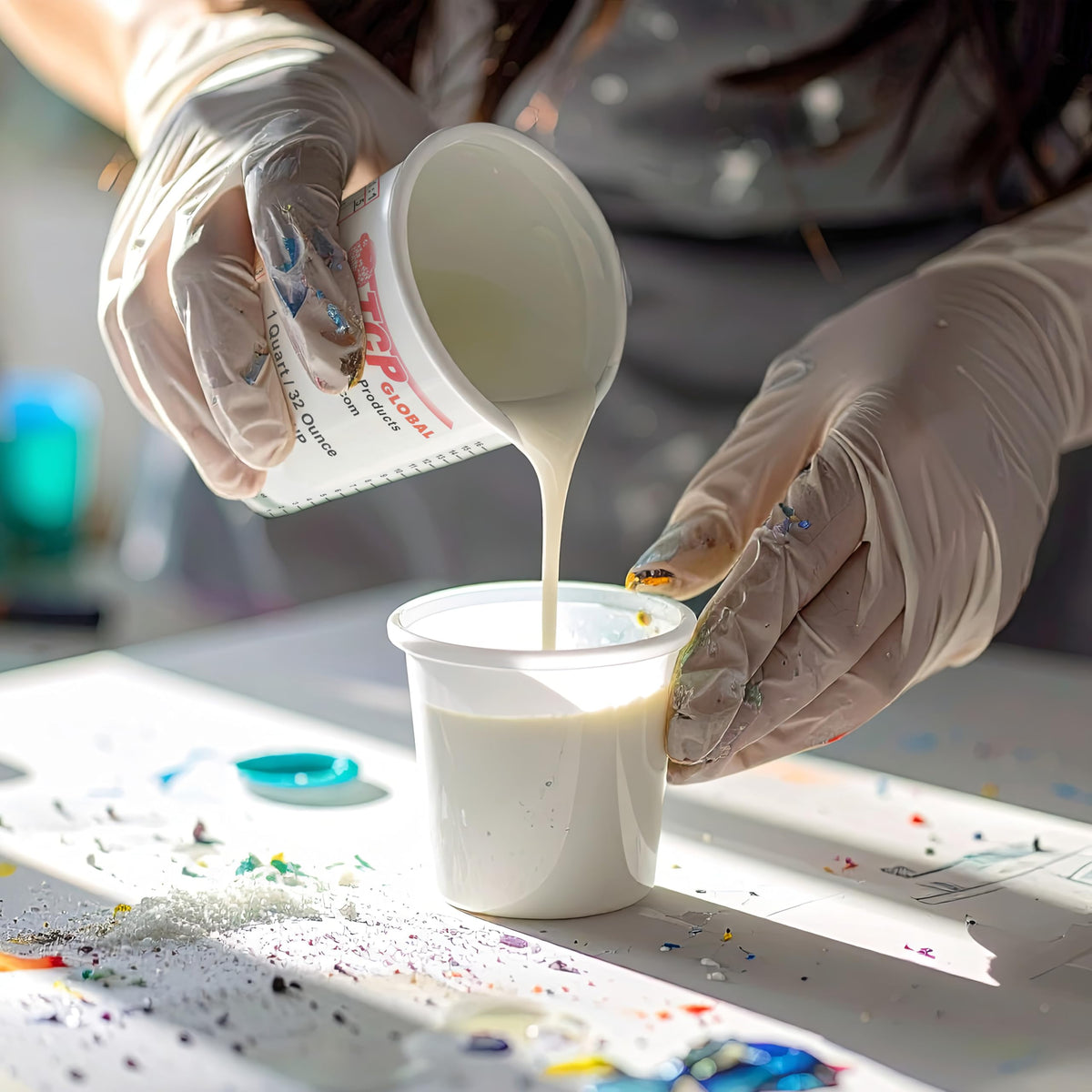 Custom Shop cup with paint splatter illustrating solvent resistance benefit