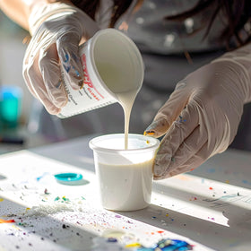 Custom Shop cup with paint splatter illustrating solvent resistance benefit