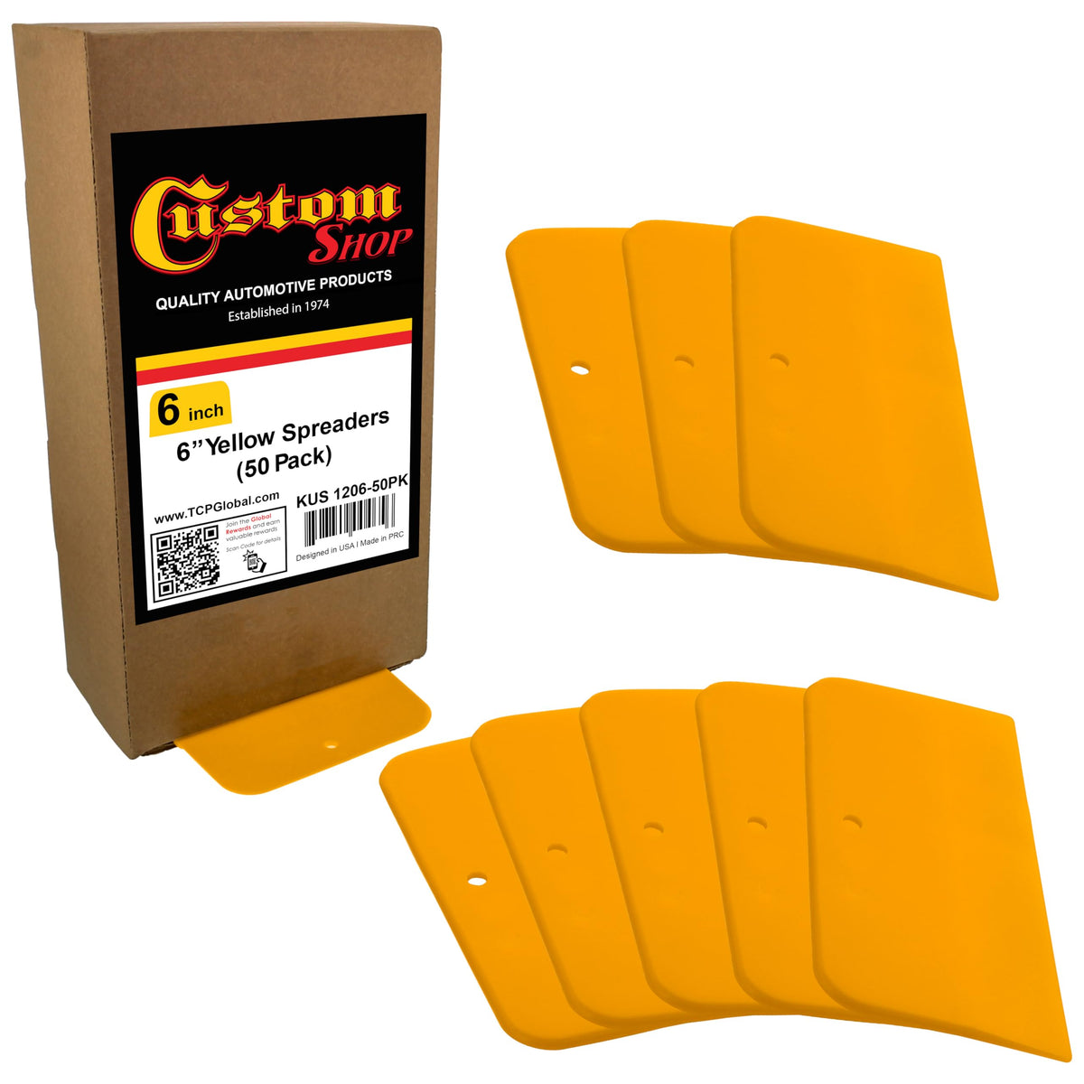 Custom Shop front pack of 50 spreaders showing quantity and benefit