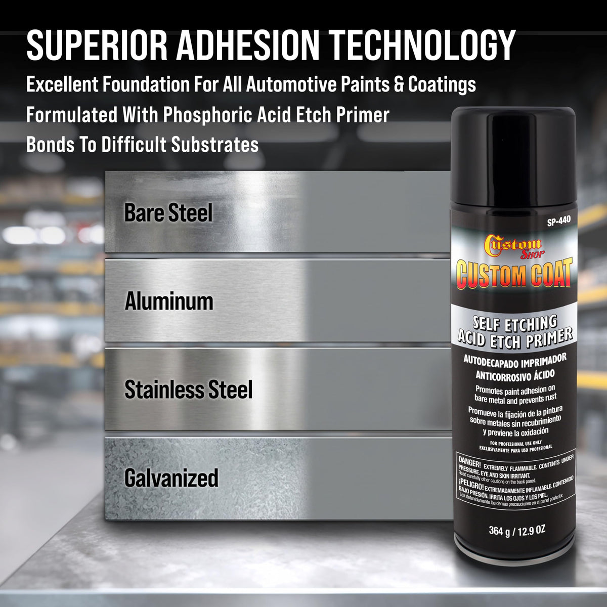 Custom Shop primer applied on bare metal panel improving adhesion and rust resistance