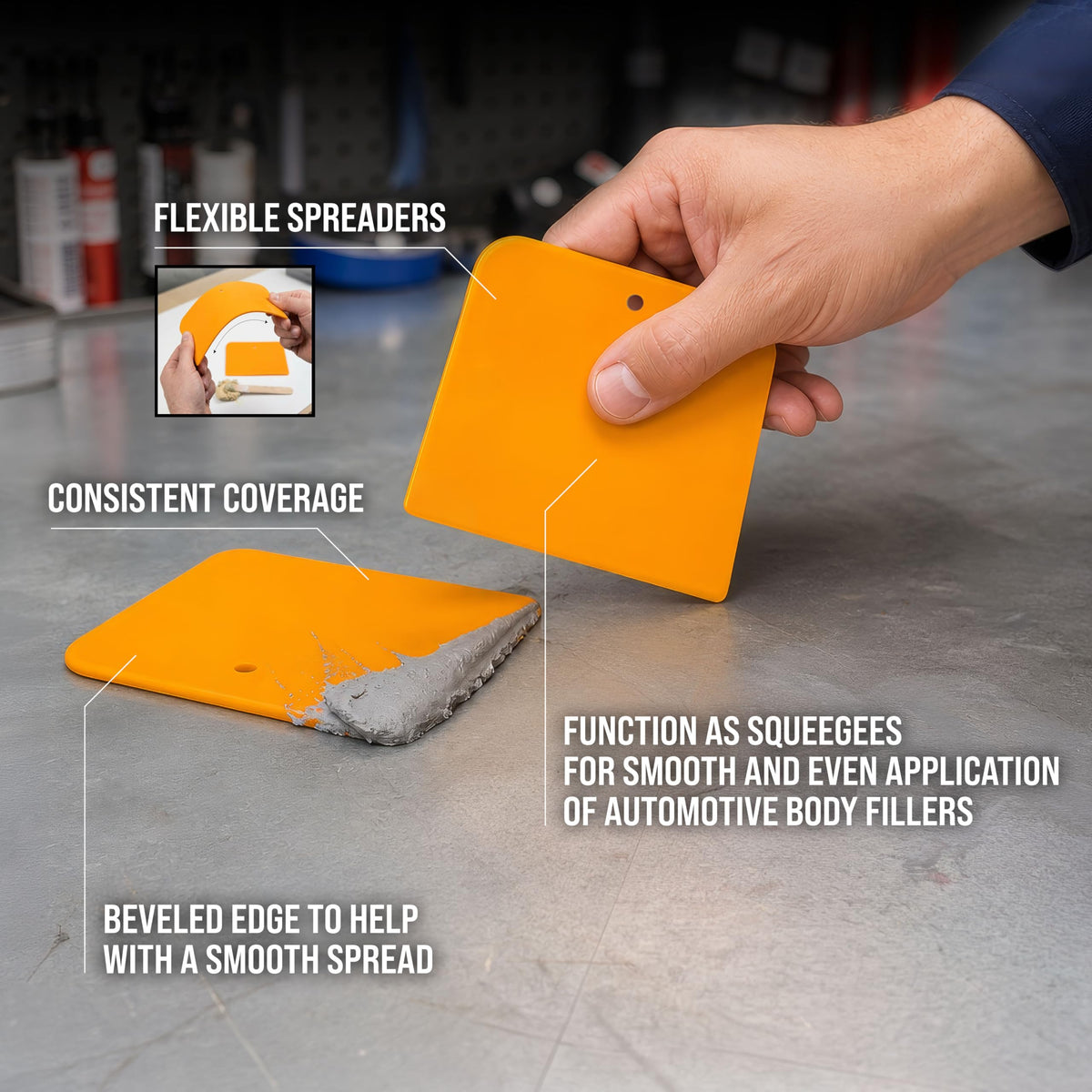 Custom Shop spreader smoothing body filler on car panel for clean blend