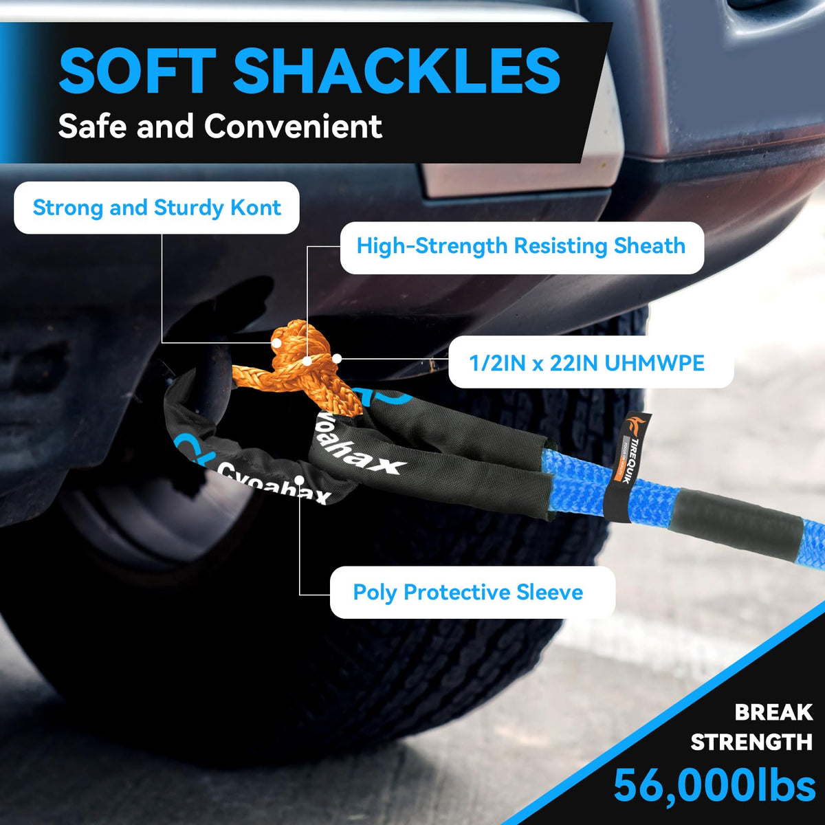 Cvoahax rope stretched between trucks during offroad recovery demonstrating shock absorption