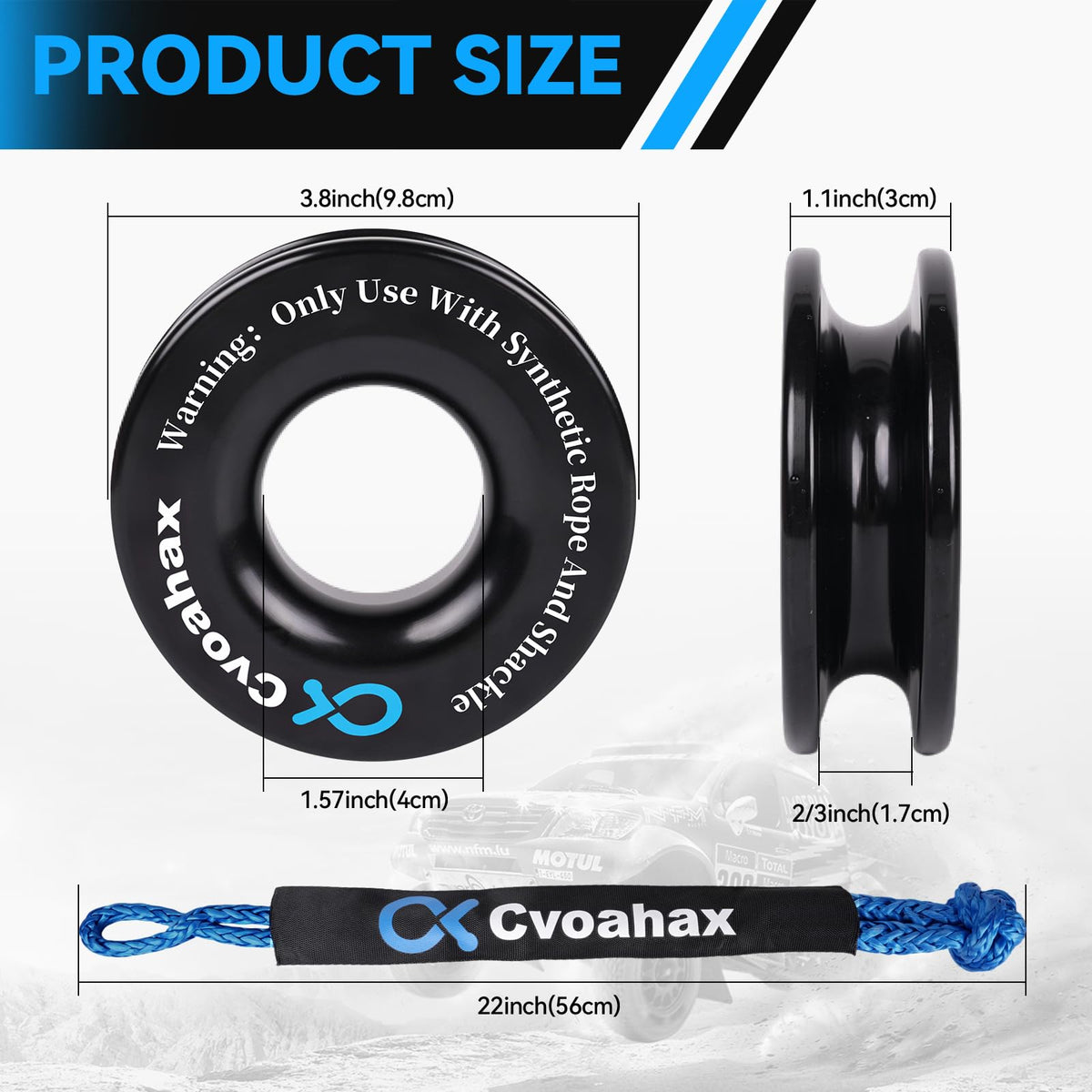 Cvoahax snatch ring detailed shot showing polished anodized finish and rope protection