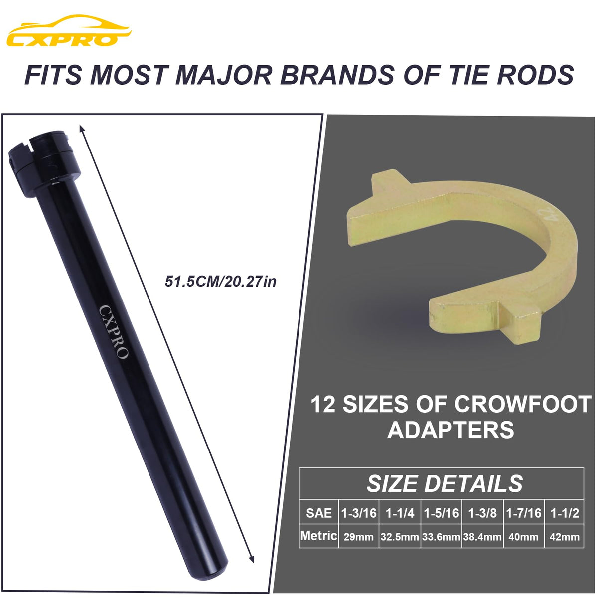 CXPRO adapters aligned next to ruler showing size range coverage for many vehicle tie rods