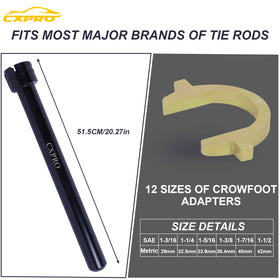 CXPRO adapters aligned next to ruler showing size range coverage for many vehicle tie rods
