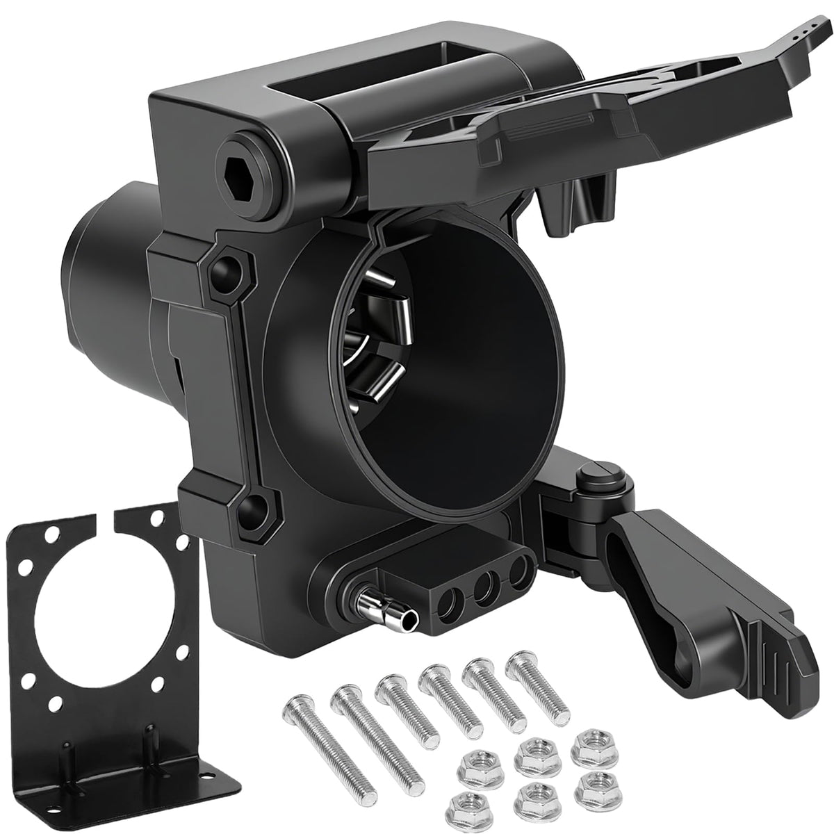 CXTM front view plug adapter showing dual 7‑blade and 4‑flat outputs and robust housing benefit: versatile towing