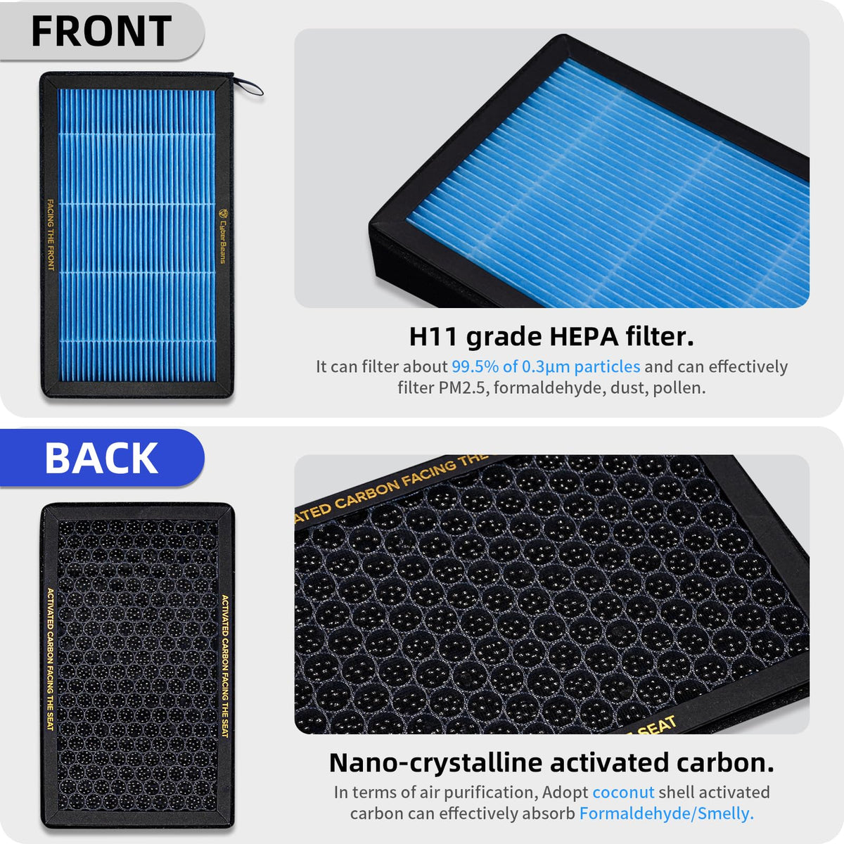 CYBERBEANS coconut-shell activated carbon layer close-up, reduces cabin odors