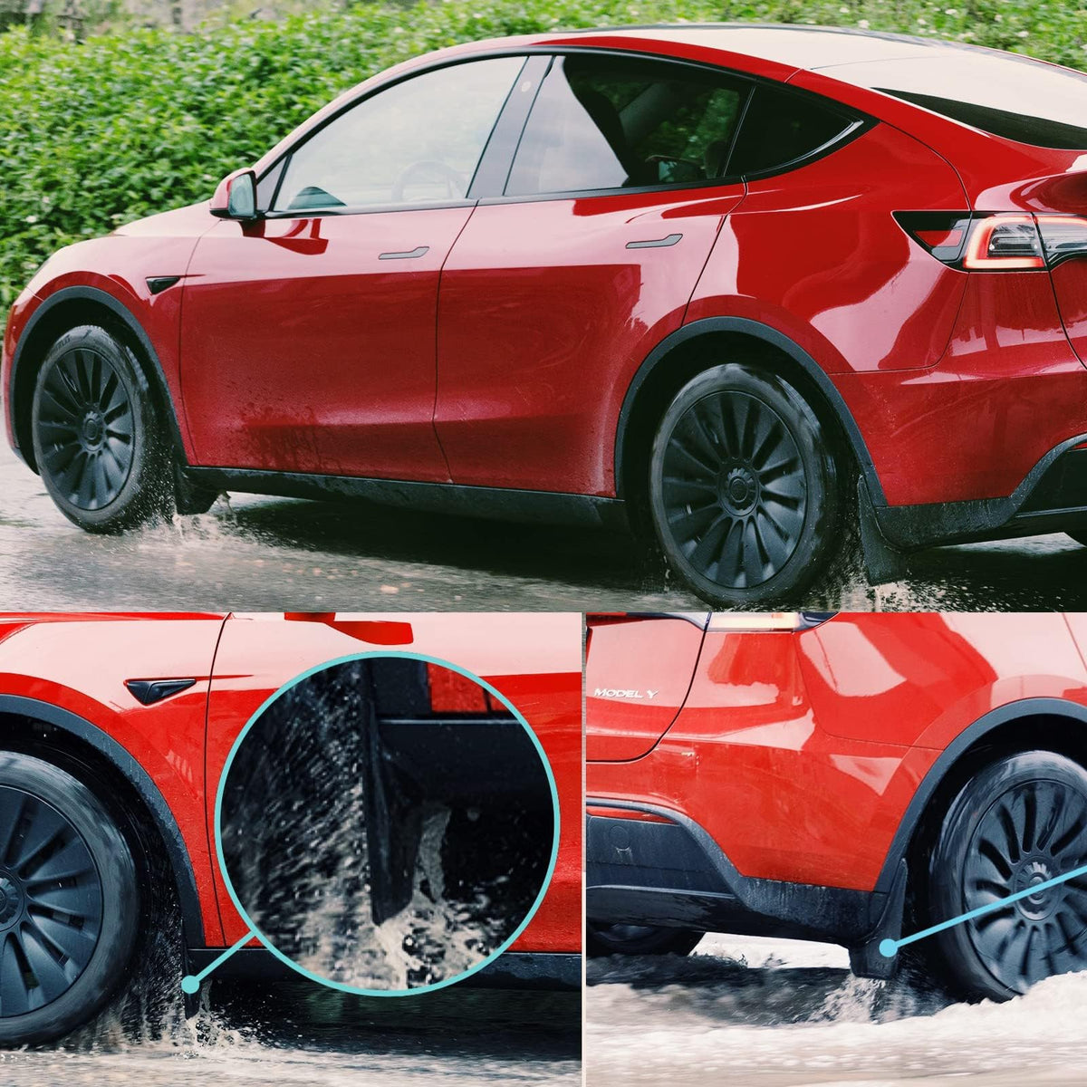 CYBERBEANS lifestyle shot of installed mudflaps on Model Y in driveway, preserves finish
