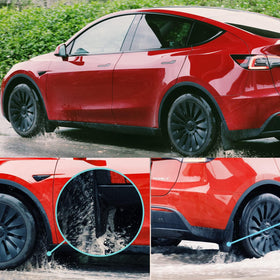 CYBERBEANS lifestyle shot of installed mudflaps on Model Y in driveway, preserves finish
