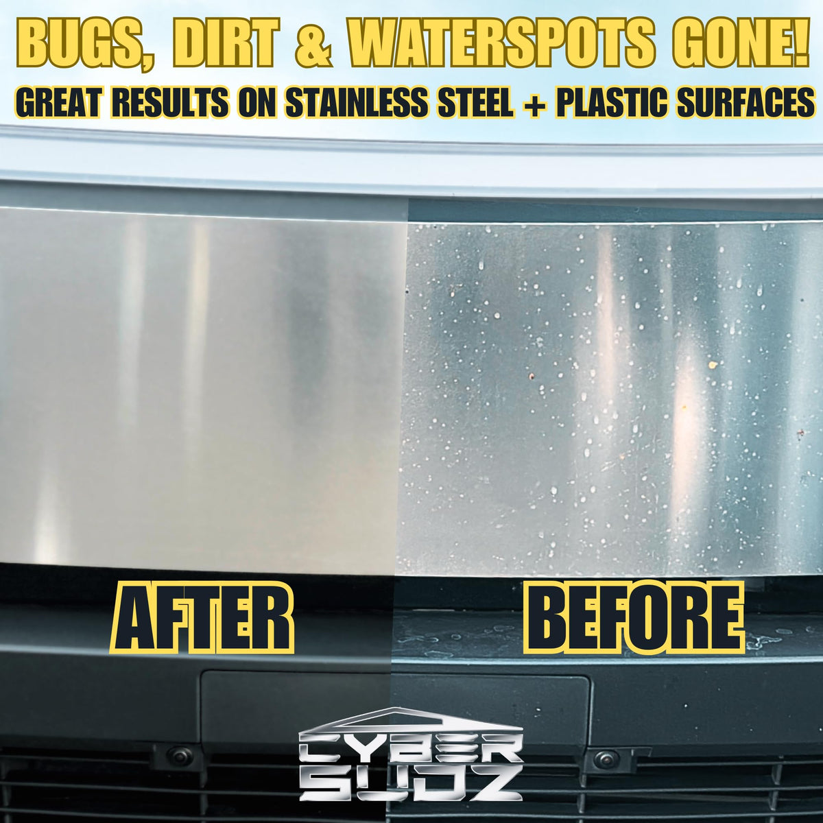 CyberSudZ cleaned stainless steel panel before and after showing restored shine