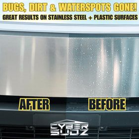 CyberSudZ cleaned stainless steel panel before and after showing restored shine