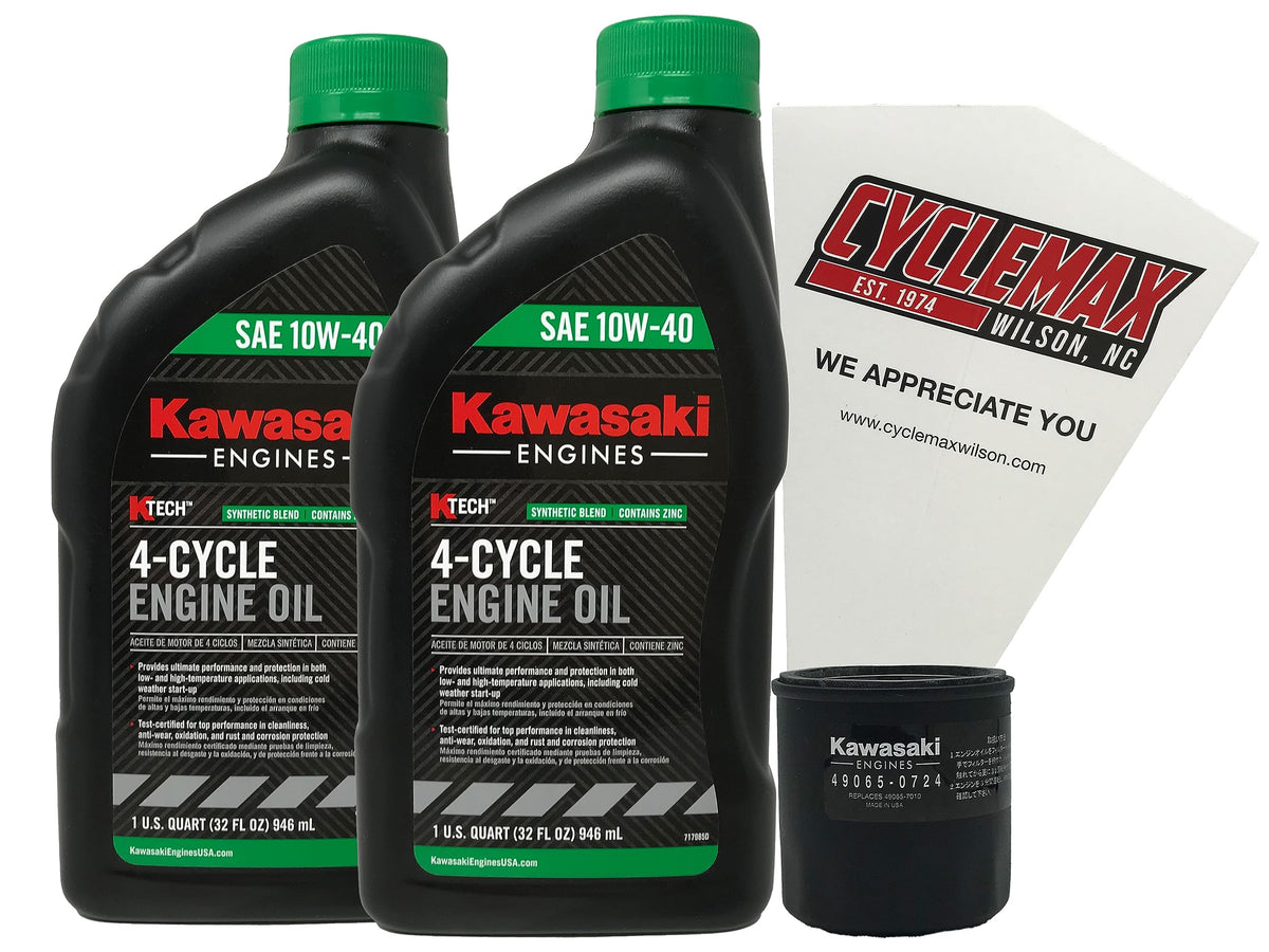 CYCLEMAX oil change kit front view showing oil bottles, Kawasaki filter, and funnel for tidy maintenance