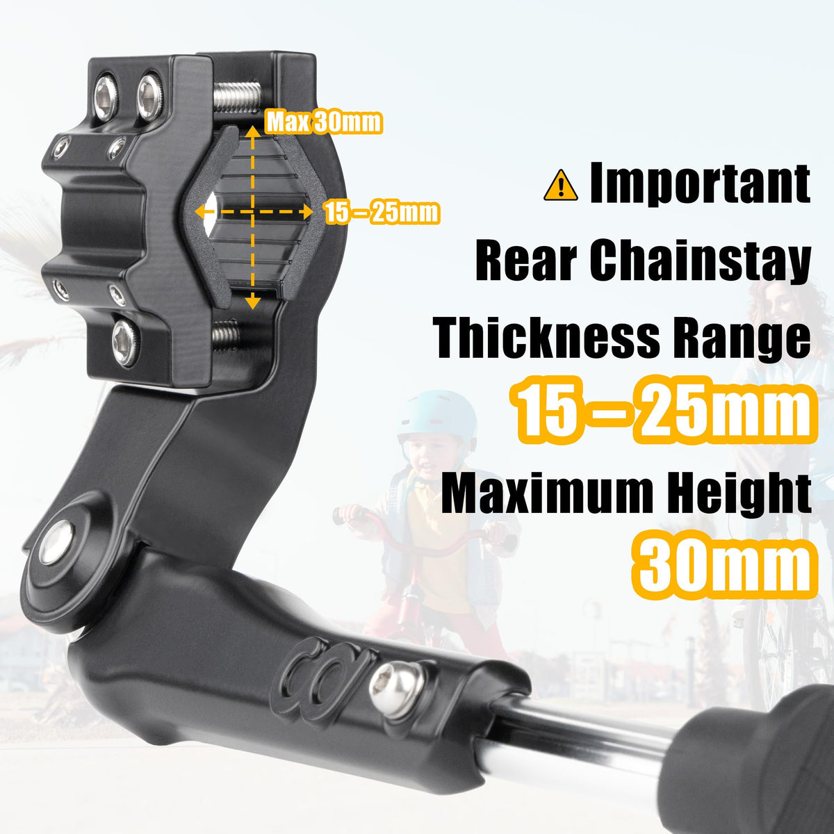 CyclingDeal kickstand fitted on 16-inch kids bike demonstrating secure fit