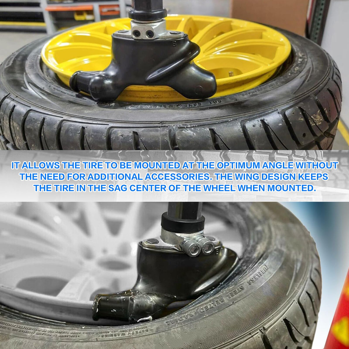 CYELARS installed on a tire changer demonstrating centered tire positioning benefit