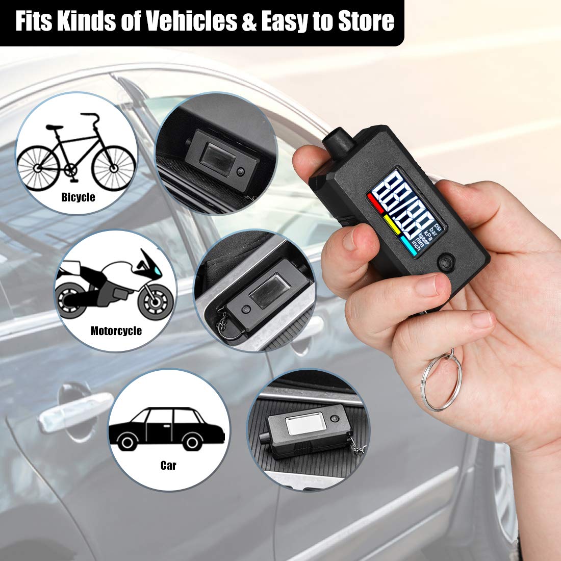 CZC AUTO gauge in use on car tire for quick roadside pressure check