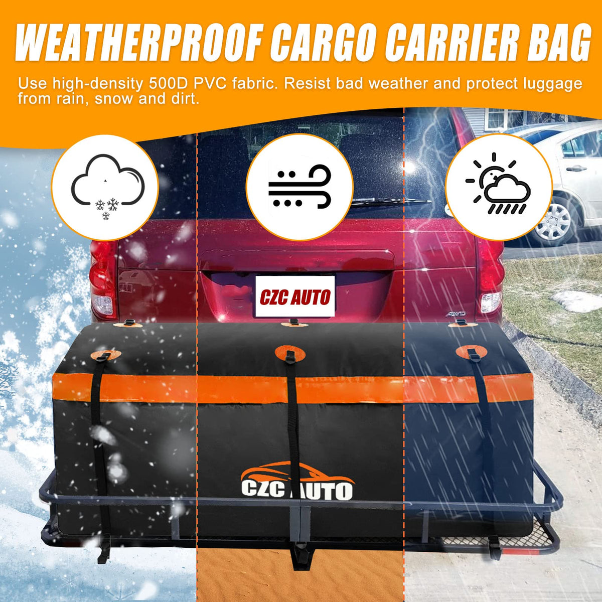 CZC AUTO bag mounted on hitch tray demonstrating secure travel use