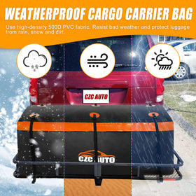 CZC AUTO bag mounted on hitch tray demonstrating secure travel use