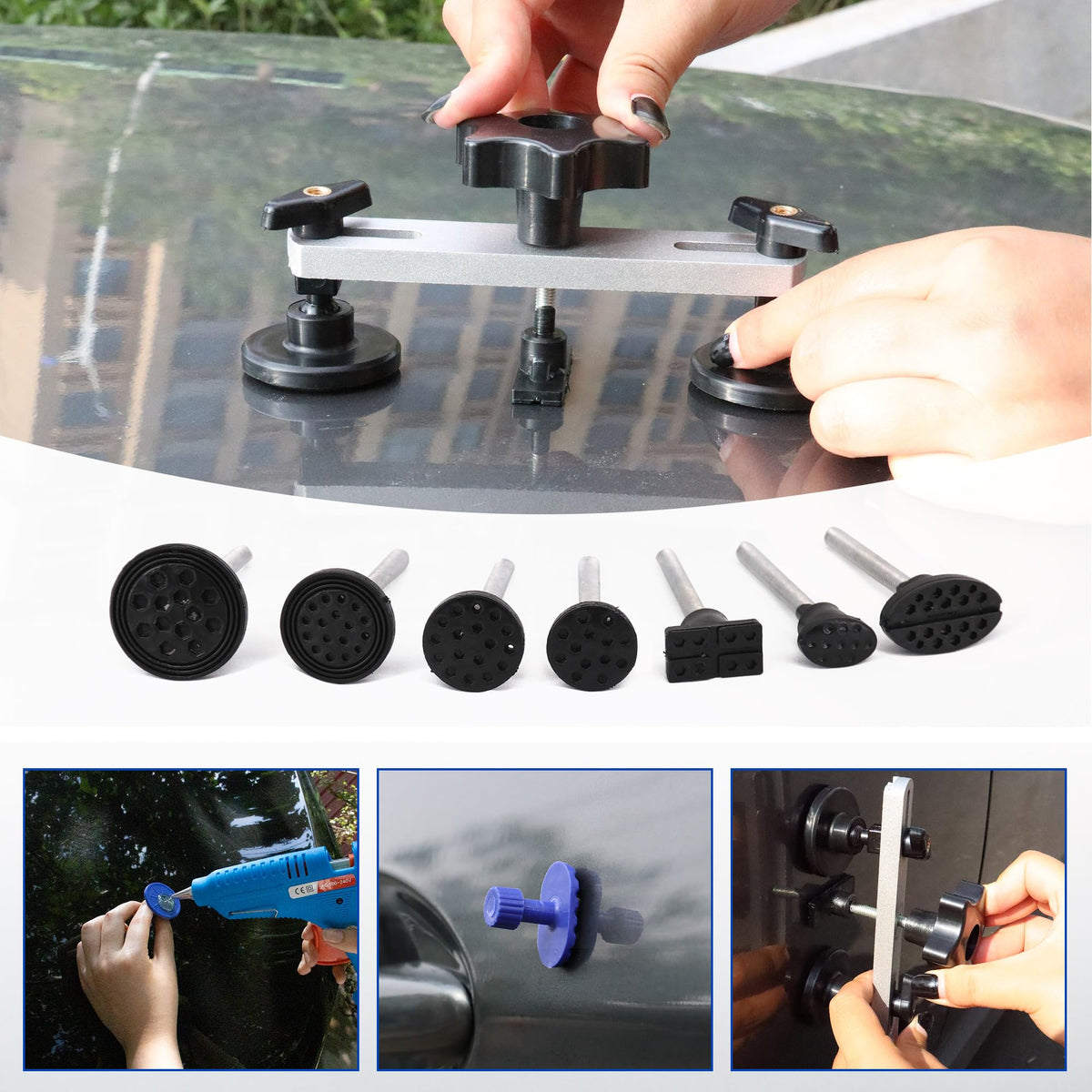 CZJCMECH tools in use pulling a car door dent to restore panel shape benefit
