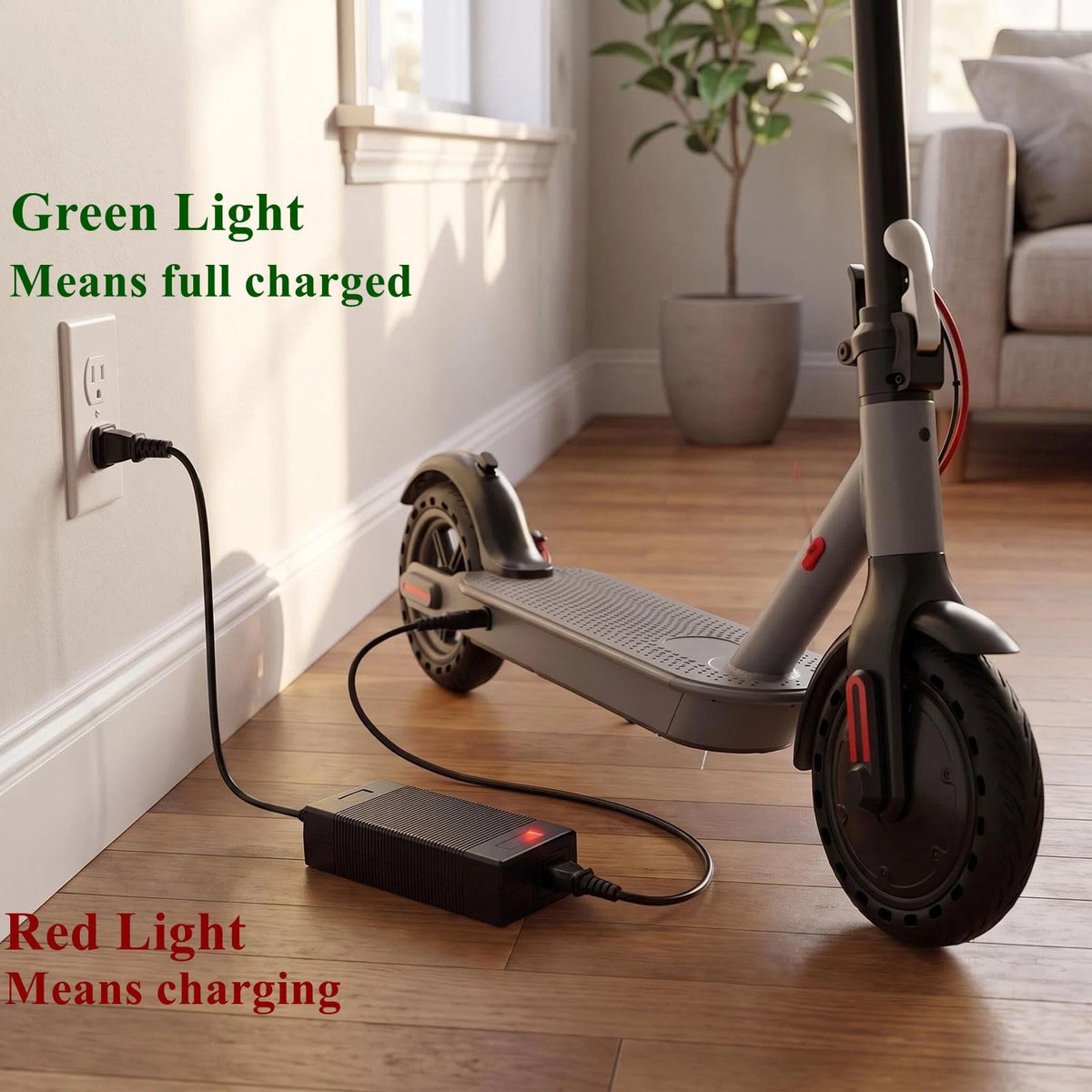 CZJIAWO charger plugged into a Hiboy scooter demonstrating quick recharge convenience