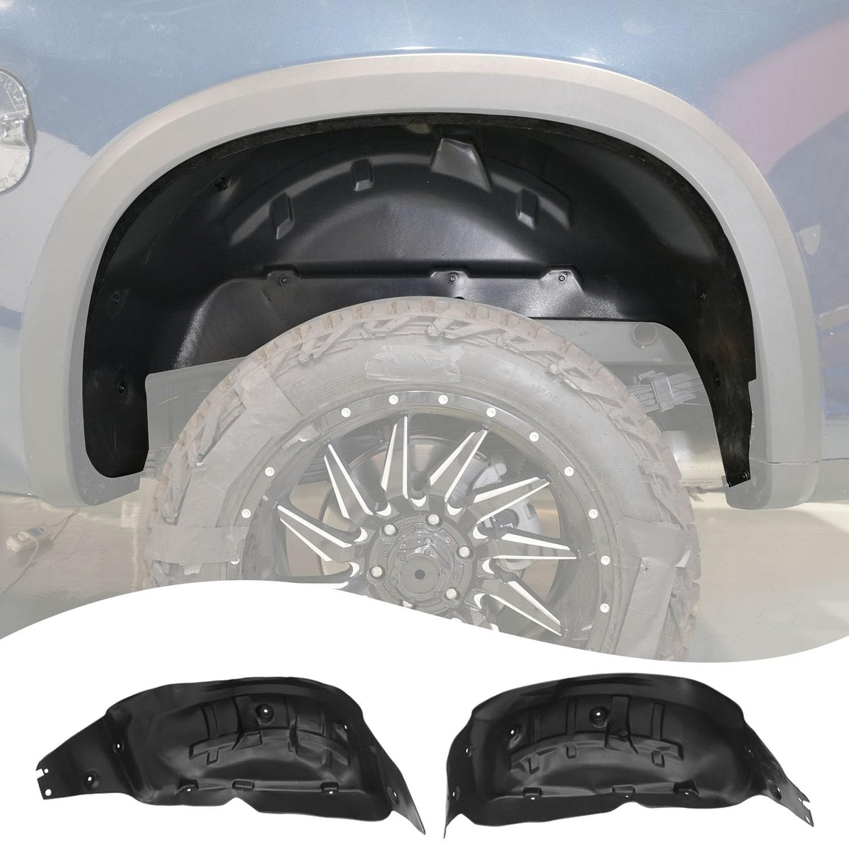 CZmenghe front view of rear wheel well guard showing exact fit and protection