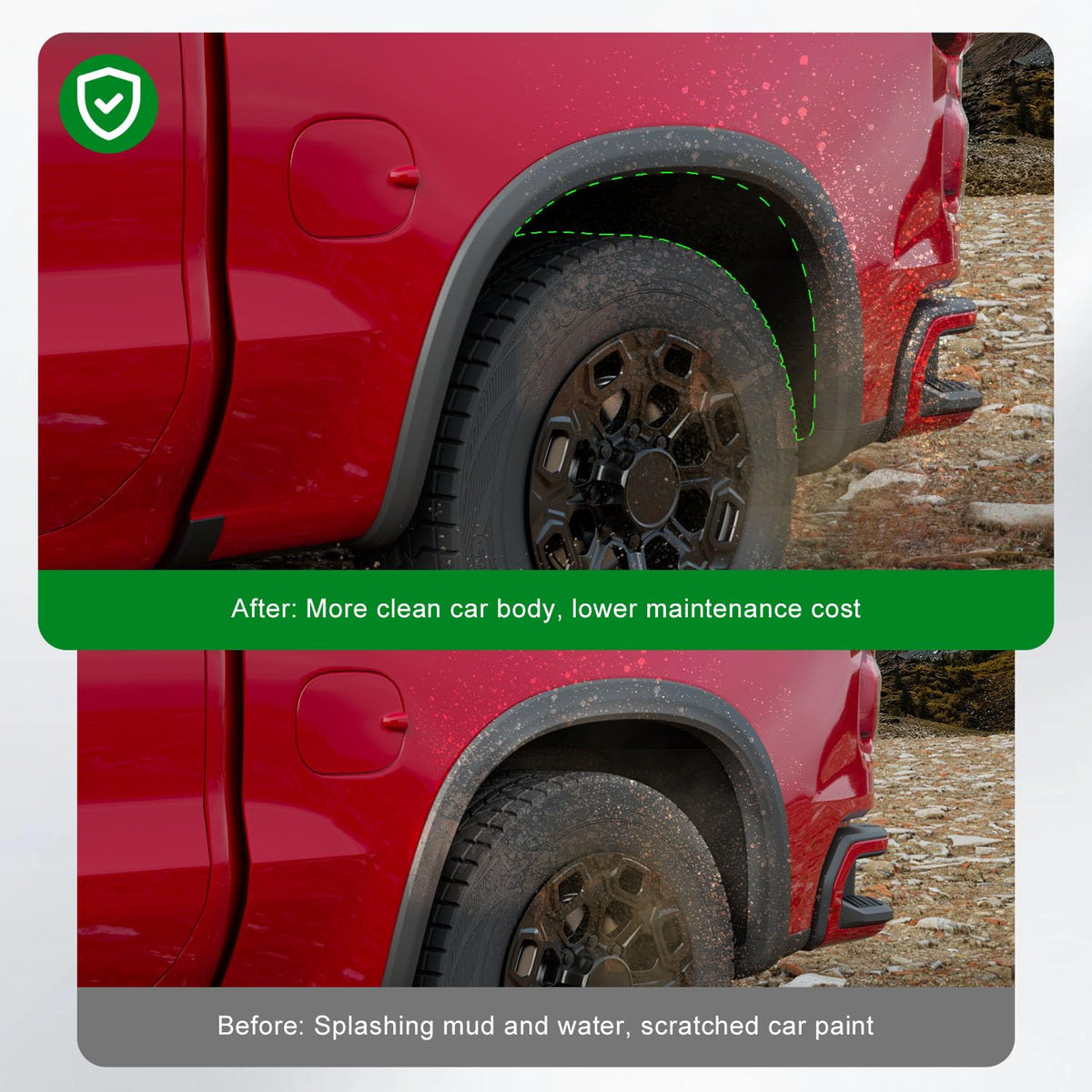 CZmenghe installed on Silverado rear wheel arch demonstrating coverage and quieting benefit