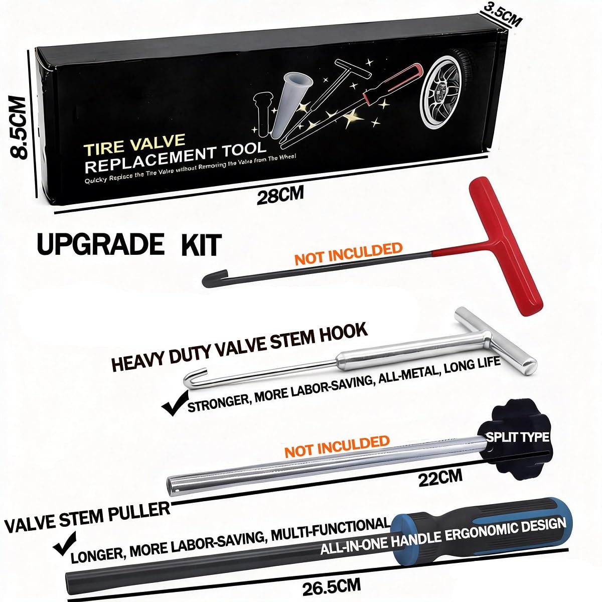 CZRWJXW laid-out accessories showing valve cores, TR413/TR414 stems, caps, and valve core tools for immediate use