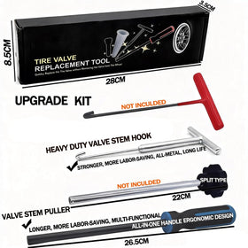 CZRWJXW laid-out accessories showing valve cores, TR413/TR414 stems, caps, and valve core tools for immediate use