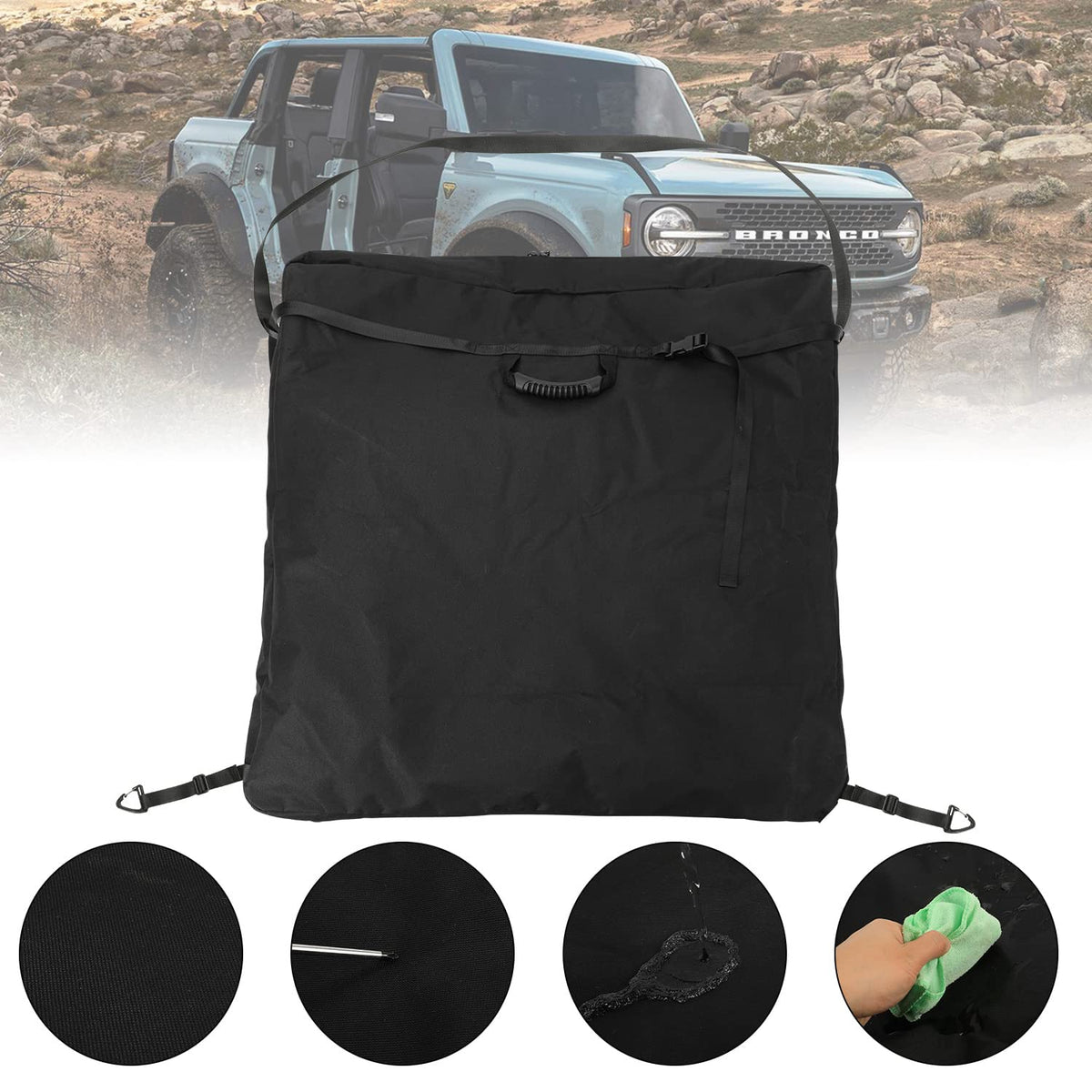 D-Lumina bag secured in Bronco trunk saving cargo space and preventing movement