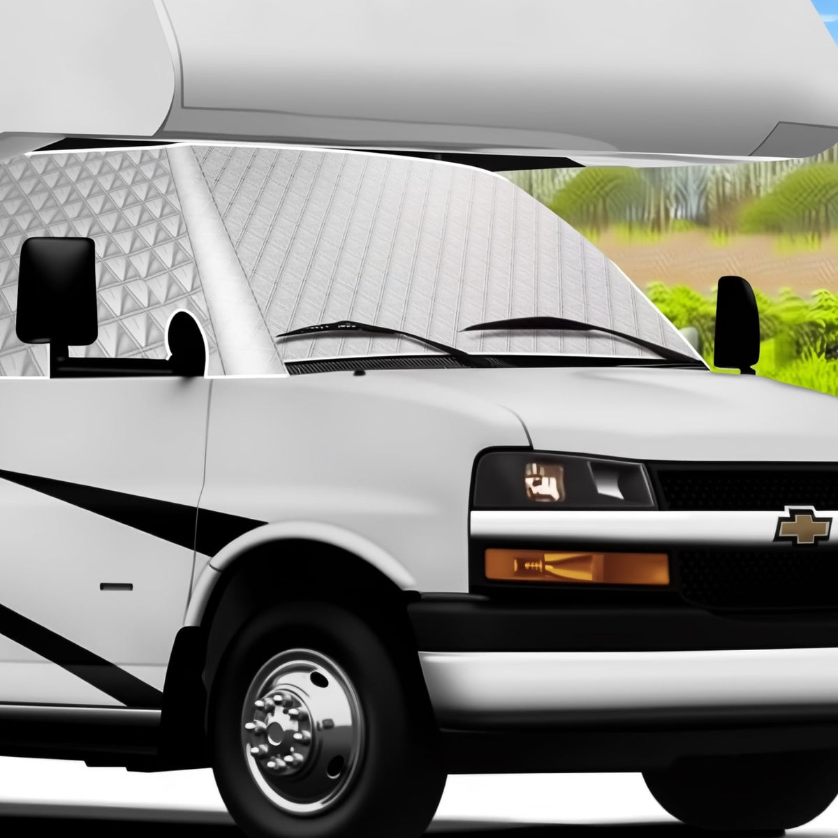 D-Lumina front view on Chevy motorhome showing full windshield coverage and privacy benefit