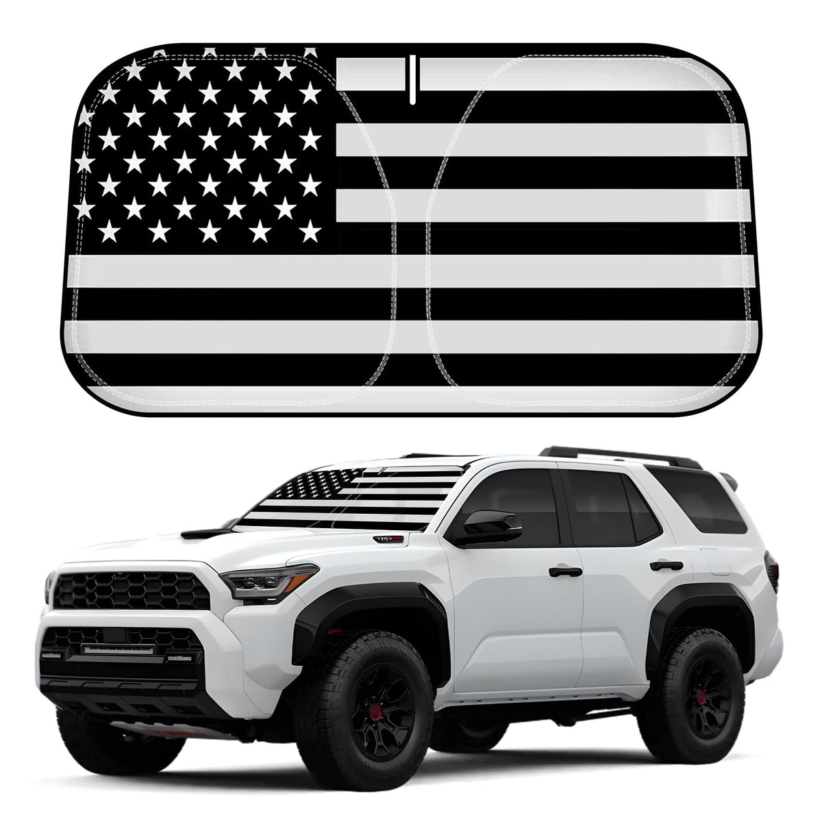 D-Lumina front view of American Flag sunshade fitting Toyota 4Runner, protects interior