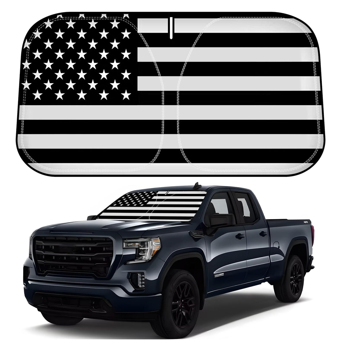 D-Lumina front view showing American flag sunshade protecting windshield and blocking heat