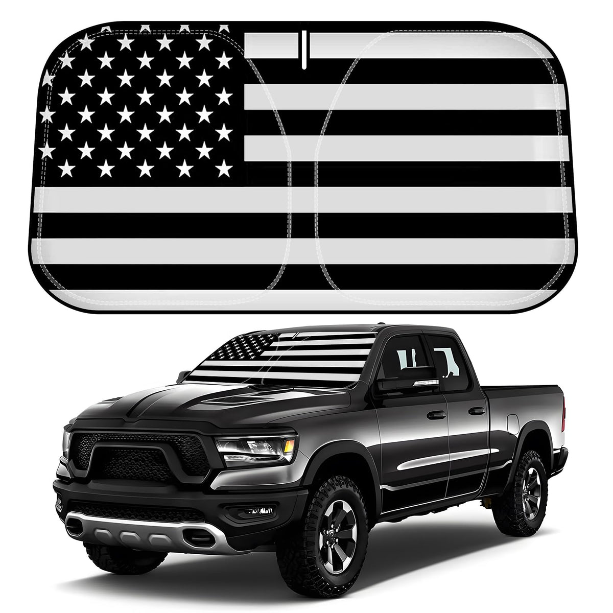 D-Lumina front view on Ram windshield showing American flag graphic and full coverage benefit