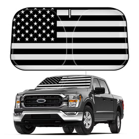 D-Lumina front view American flag sun shade showing full windshield coverage and style