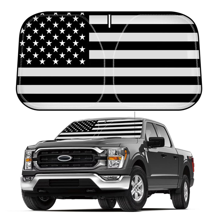 D-Lumina front view American flag sun shade showing full windshield coverage and style