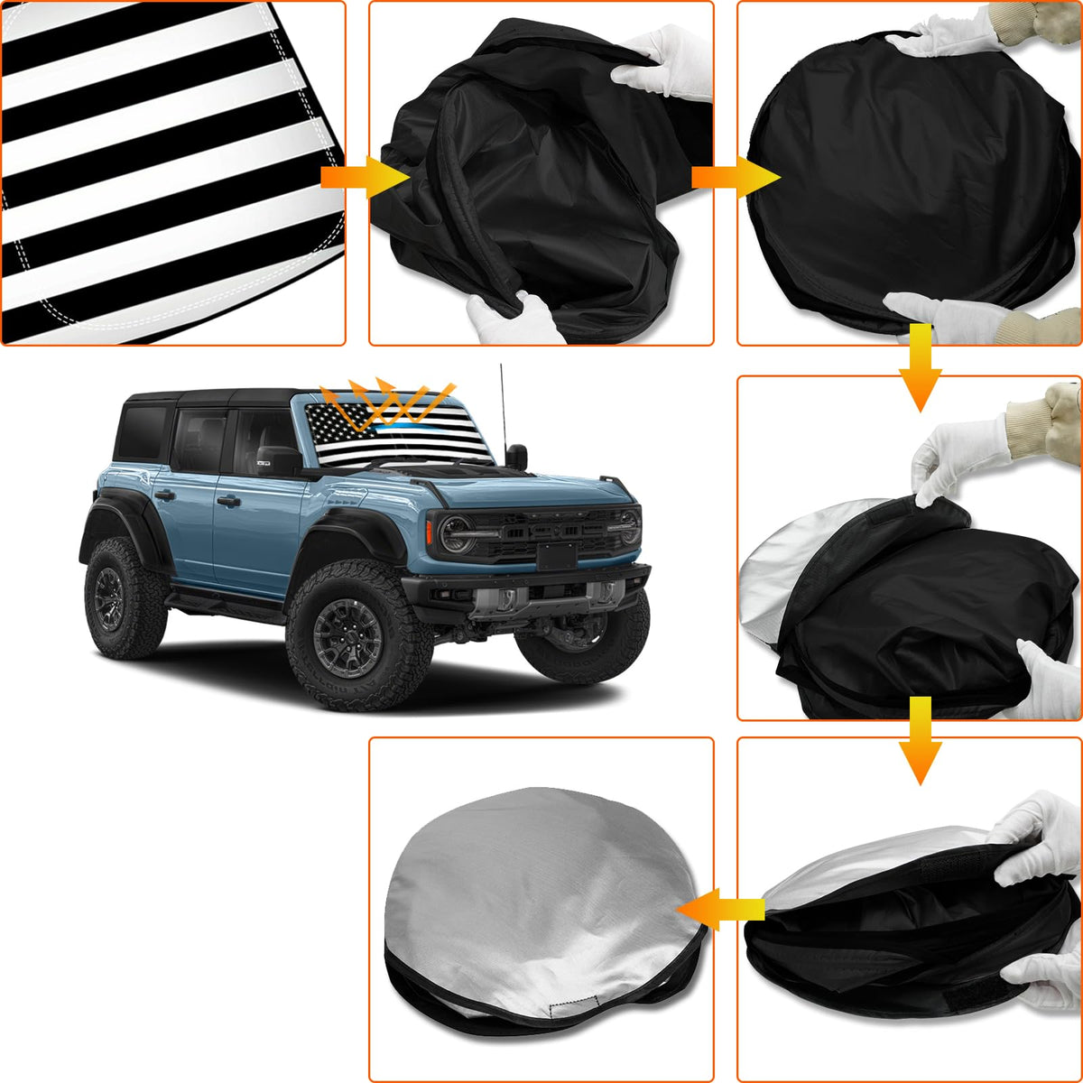 D-Lumina shade on parked Bronco outdoors showing patriotic style benefit