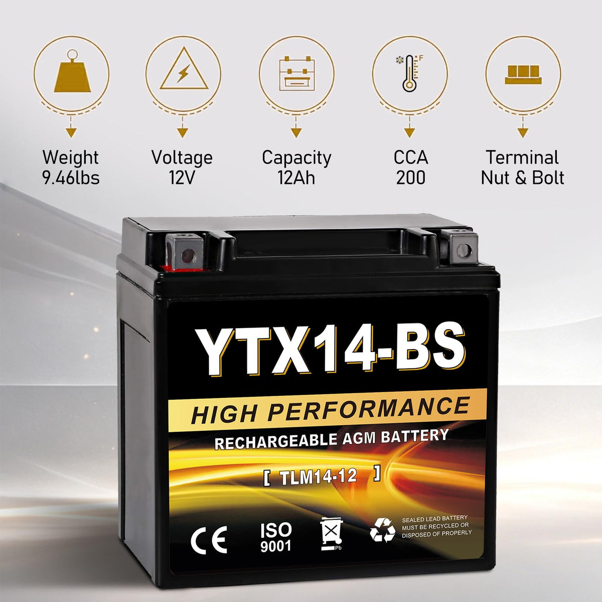 Daakmax YTX14-BS side label detail highlighting specifications and certifications
