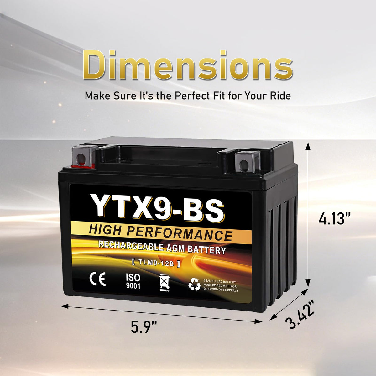 Daakmax battery side dimensions indicating fitment for YTX9-BS replacement