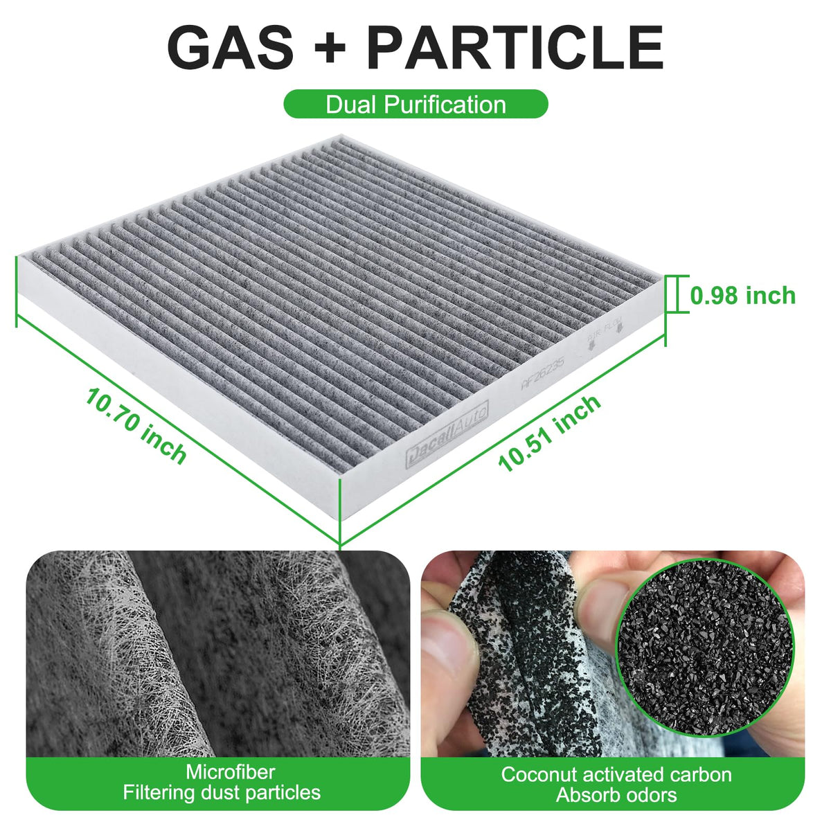 Dacall activated carbon layer detail showing odor adsorption for fresher cab air