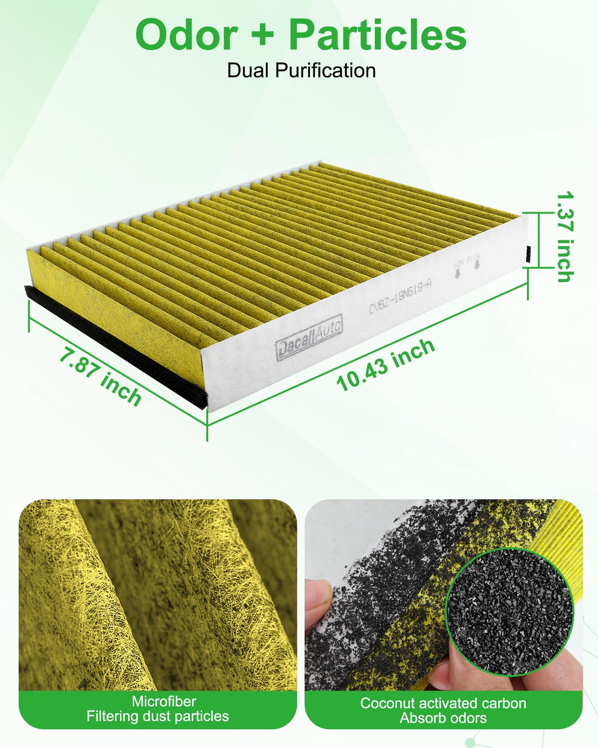 Dacall cabin filter close-up showing carbon layer for odor reduction benefit