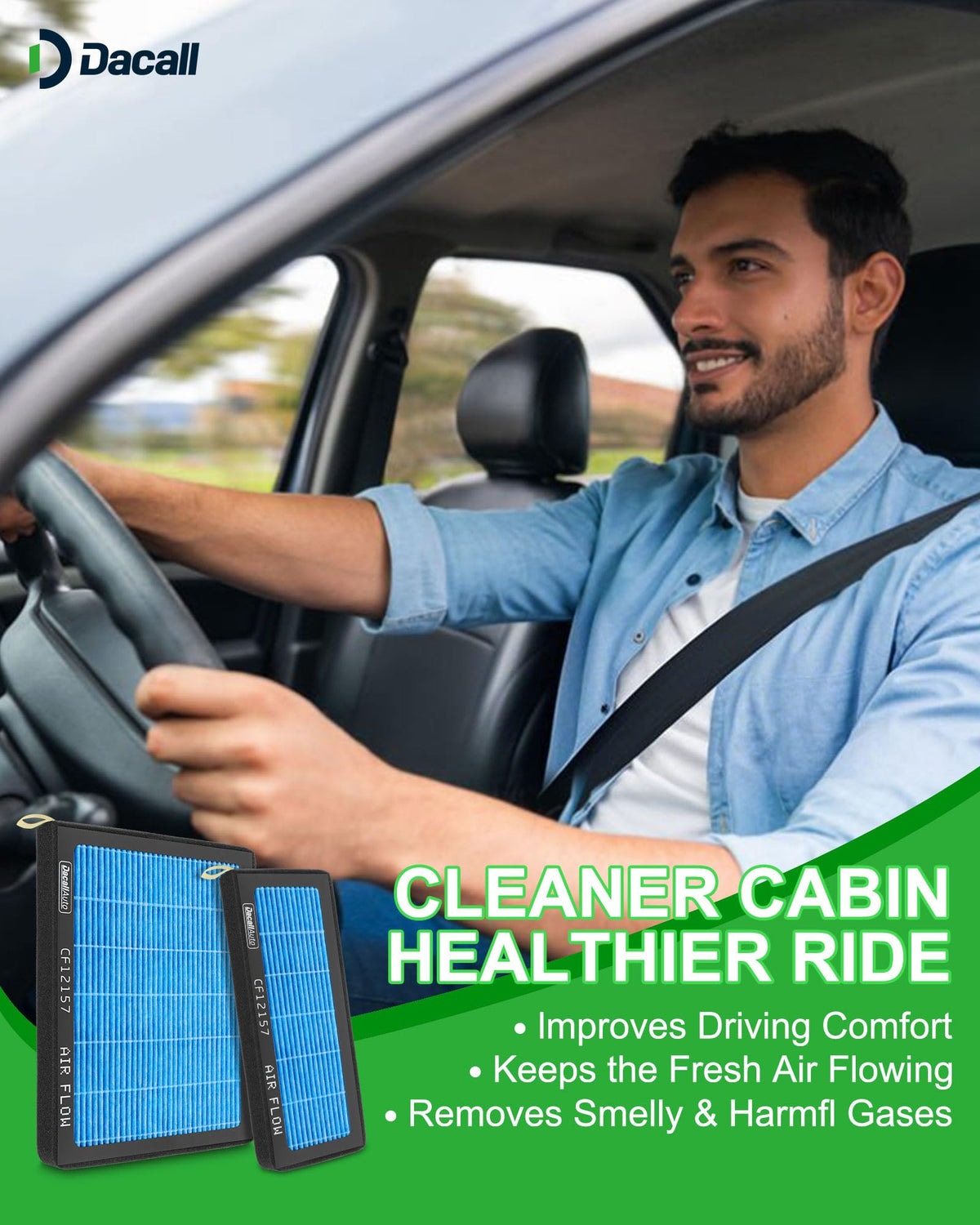 Dacall in-car lifestyle shot showing cleaner cabin air for passenger comfort