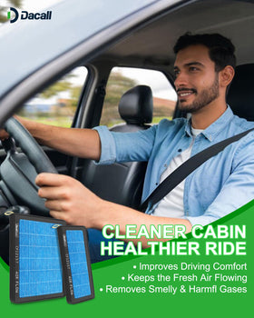 Dacall in-car lifestyle shot showing cleaner cabin air for passenger comfort