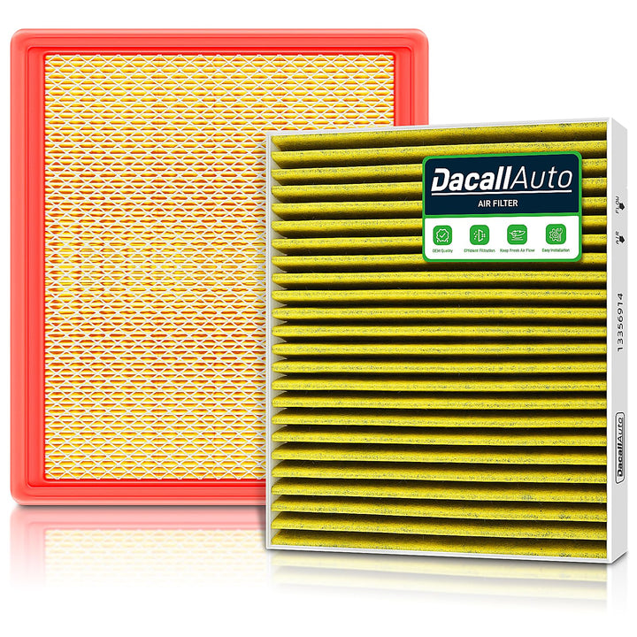 Dacall front packaging of engine and cabin filter kit shows both parts and compatibility