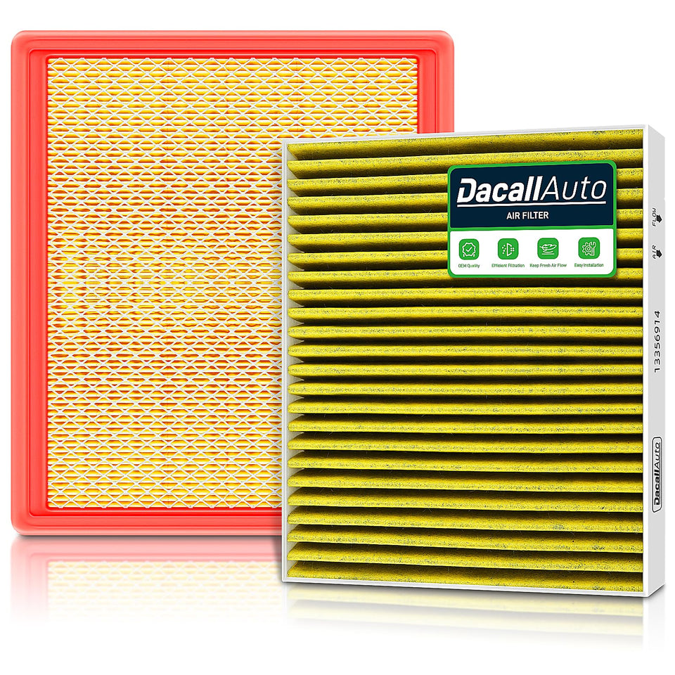 Dacall front packaging of engine and cabin filter kit shows both parts and compatibility