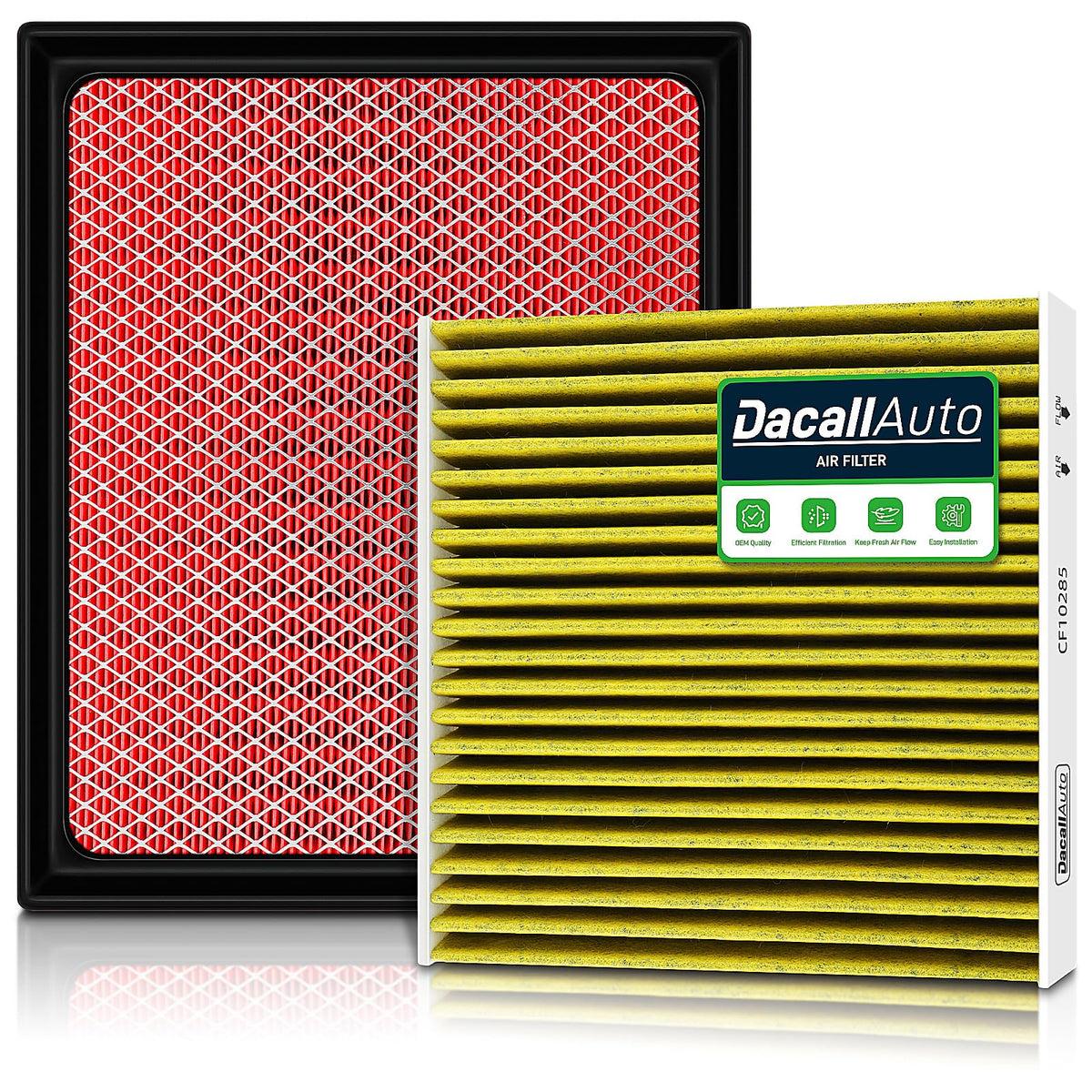 Dacall engine filter front view showing pleated media and fitment benefit