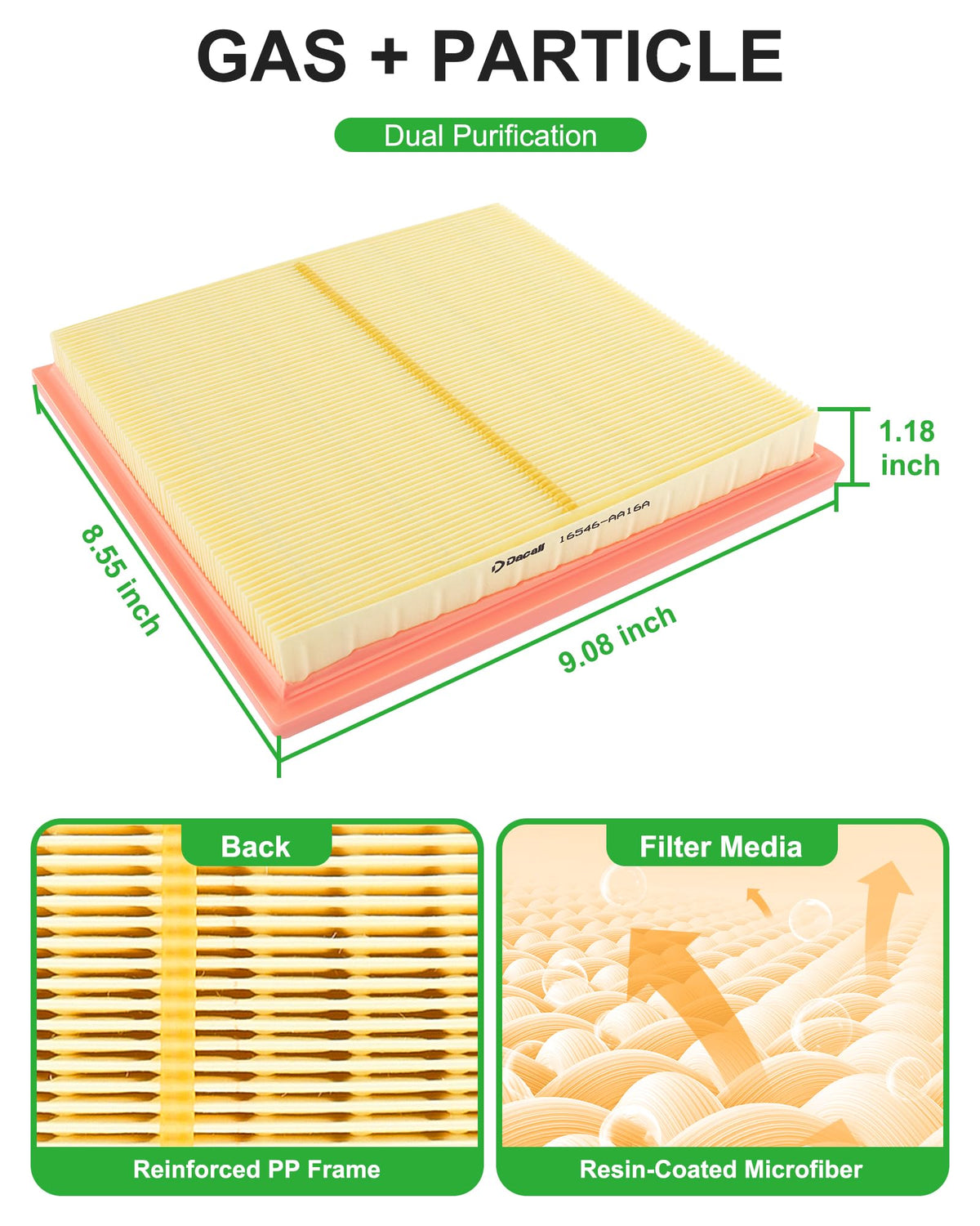 Dacall filters next to ruler size comparison conveys exact OEM-match dimensions benefit