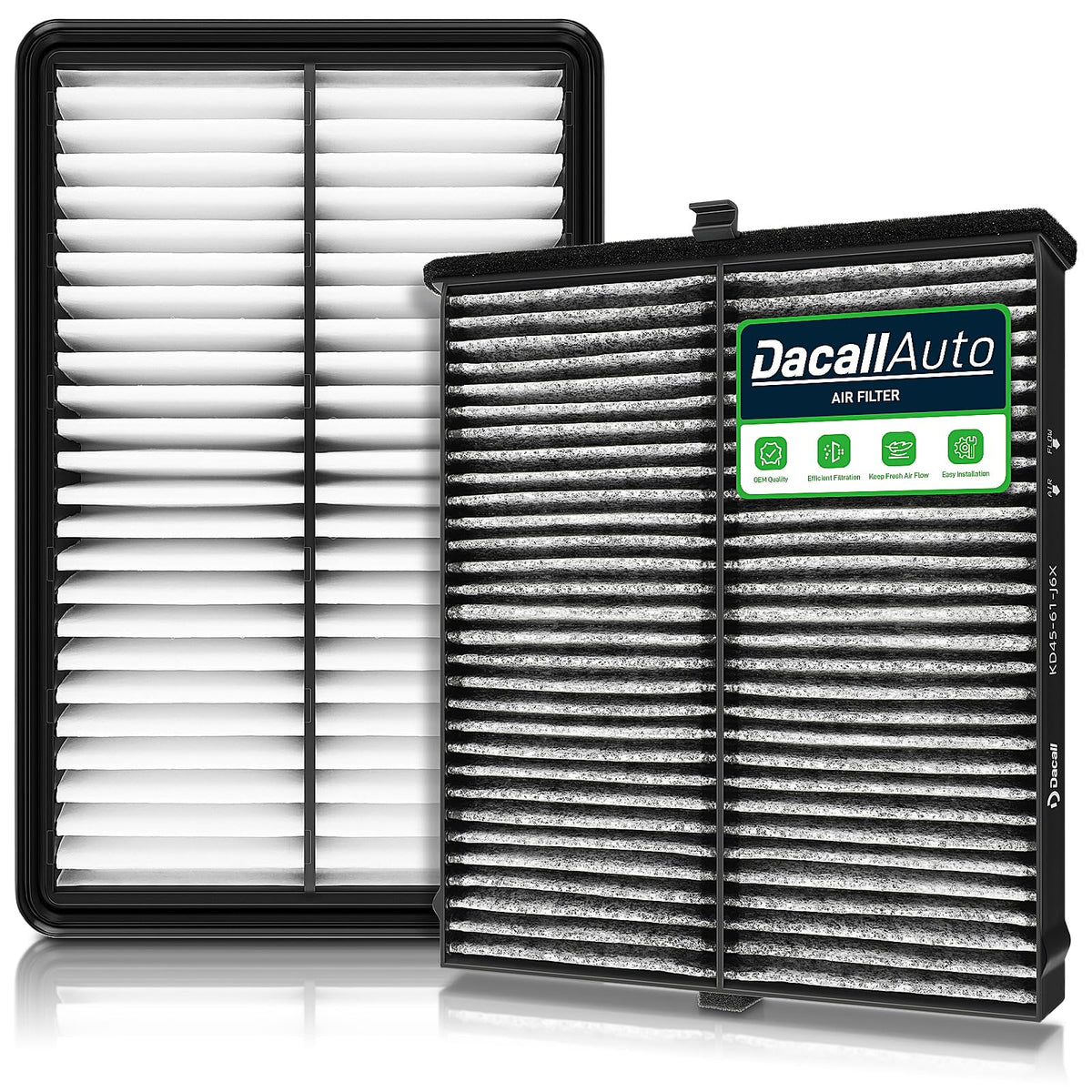 Dacall front packaging showing cabin and engine filter combo, clear value