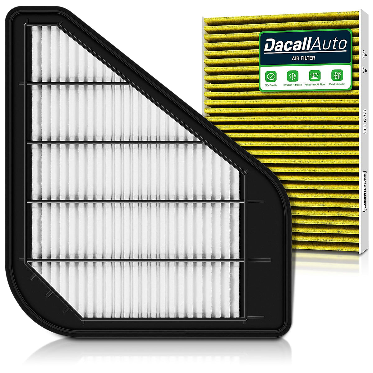 Dacall front packaging showing both cabin and engine filters for quick identification and compatibility